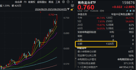 天弘配资 稀土领涨，黄金&铜业跟上！有色龙头ETF（159876）大涨近3%刷新阶段新高，获资金净申购1320万份！